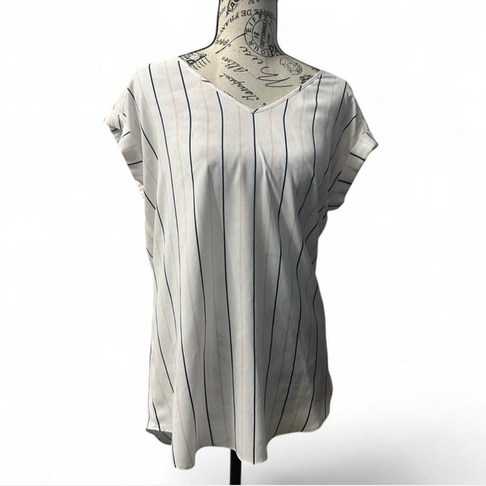 Express Striped V-Neck Blouse White Blue Pink Short Sleeve Top